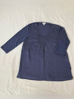 J.Jill Love Linen Blue Tunic Top | Medium | V‑Neck Pintuck | Modern Fit